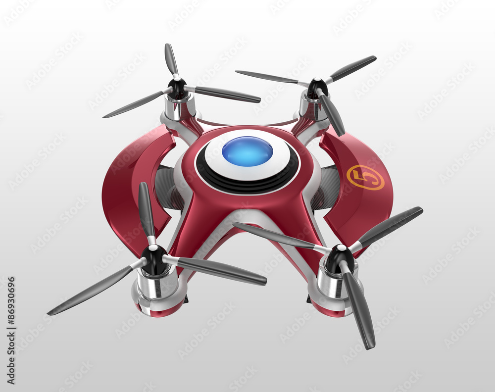 红色无人机，一种在地面上比赛的四旋翼机。