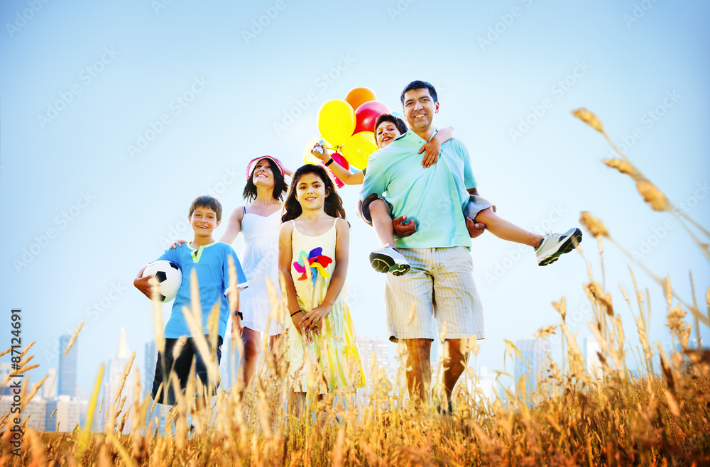 Family Playing Outdoors Children Field Concept