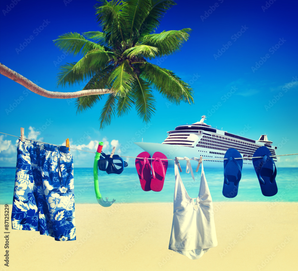 Clothesline热带海滩避暑概念