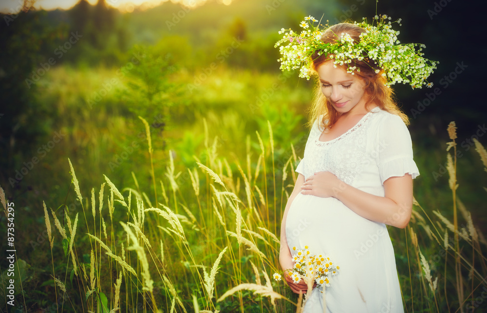 戴着花环的美丽孕妇在夏日大自然中放松