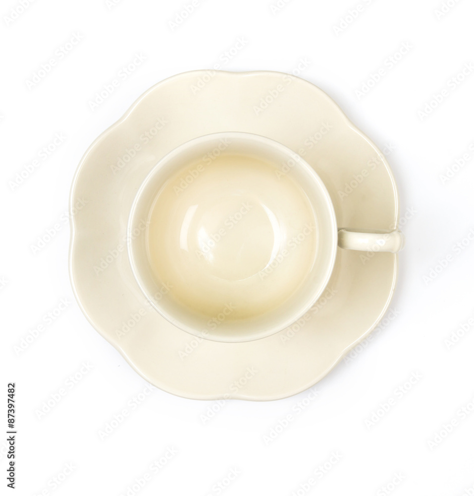 白底白茶或咖啡杯俯视图