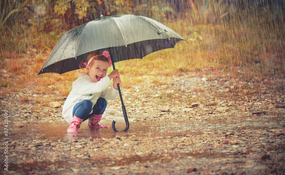 快乐的女婴在雨中撑着伞在大自然中玩耍