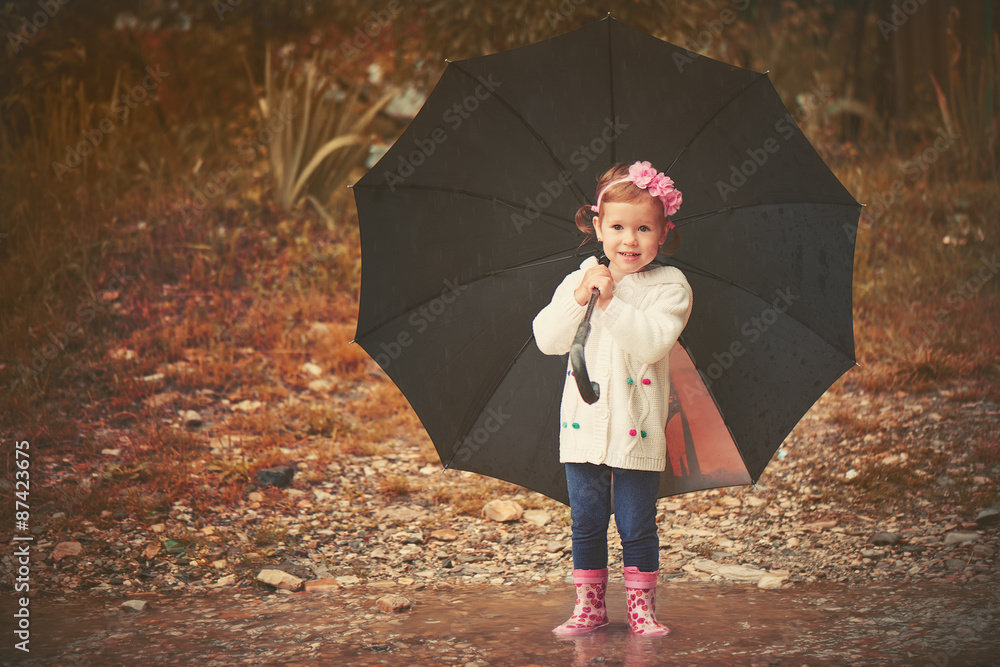 快乐的女婴在雨中撑着伞在大自然中玩耍