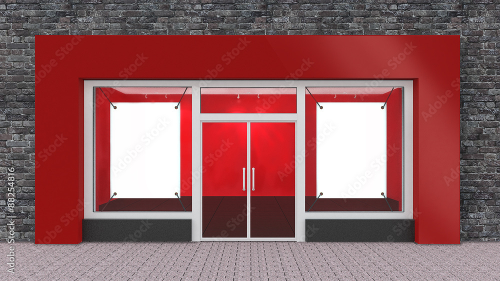 空的红色店面，带边框的大窗户
