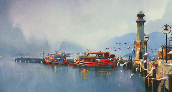 清晨港口的渔船，水彩画风格