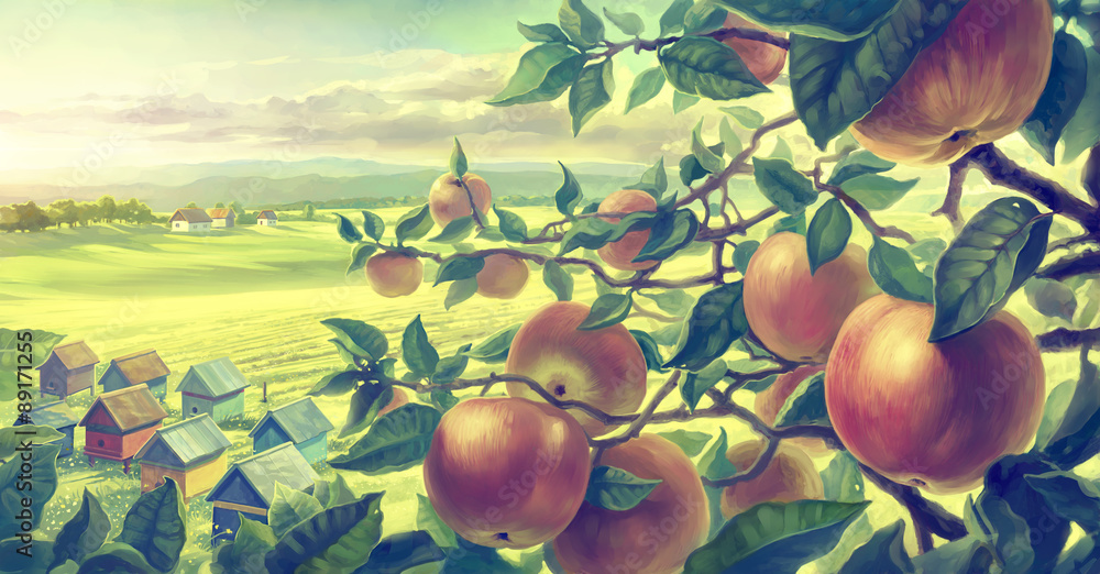 苹果树枝的夏日景观。数字绘画。