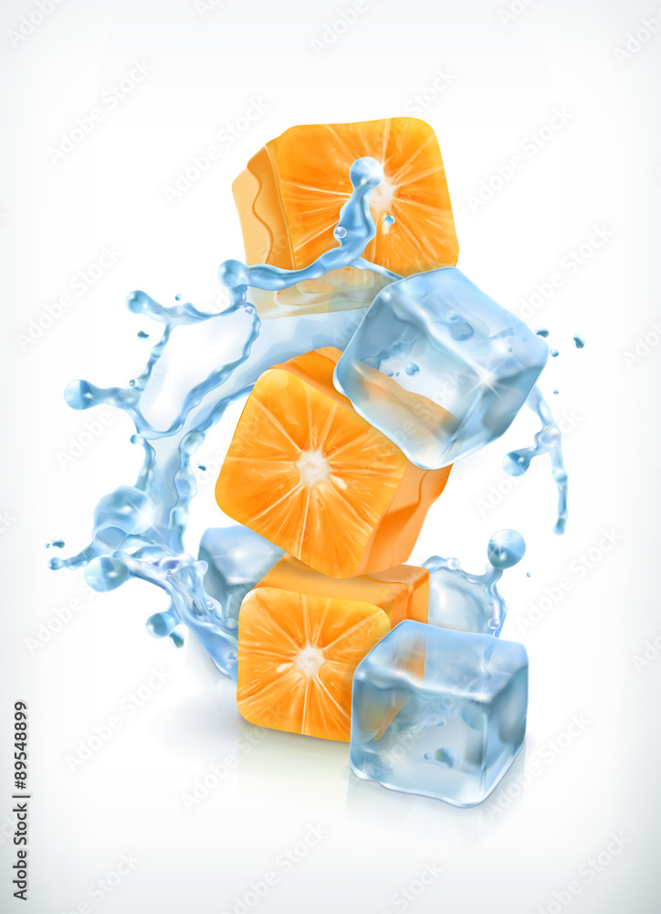 带冰块和飞溅物的橙色方块，矢量图标