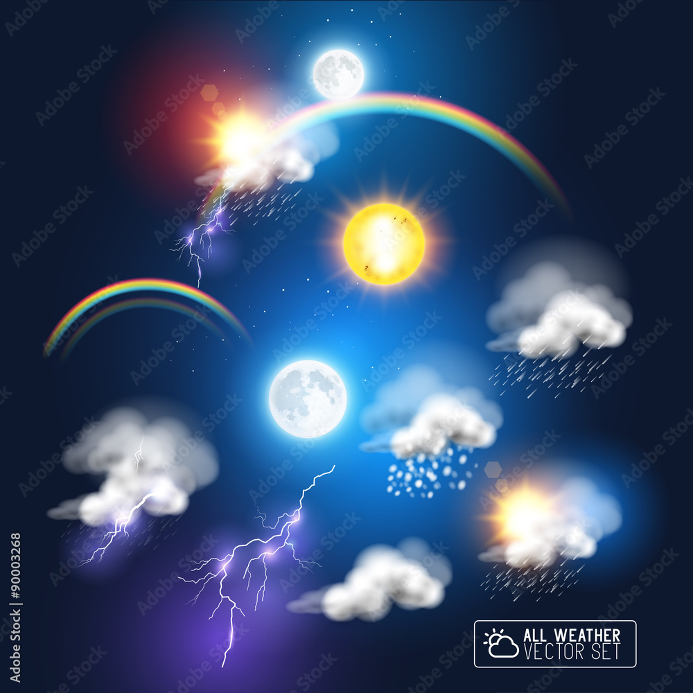 现代天气符号，包括彩虹、风暴云、太阳和月亮。矢量插图。
