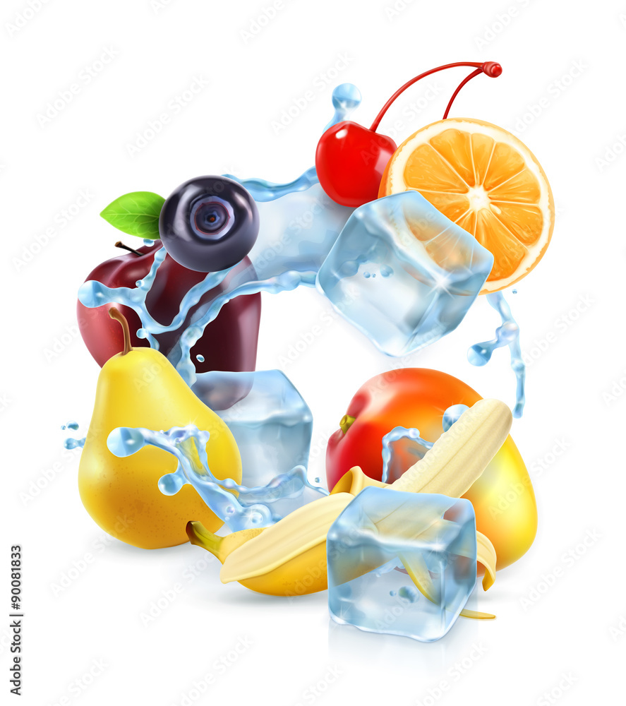 Multifruit with ice cubes and water splash, vector icon