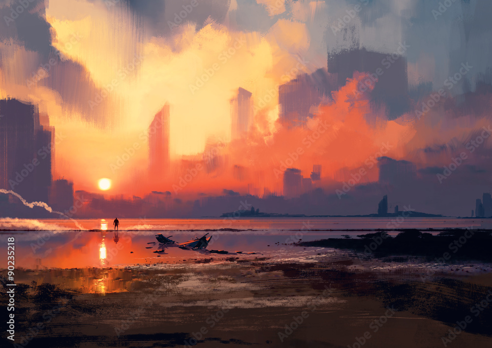 日落时分在海边看摩天大楼的人，插画
