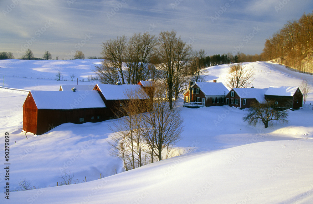 佛蒙特州冬季雪中日出时的S.伍德斯托克农场