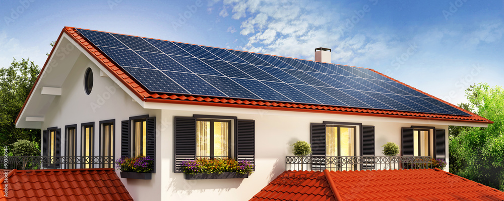 屋顶上有太阳能电池板的房子