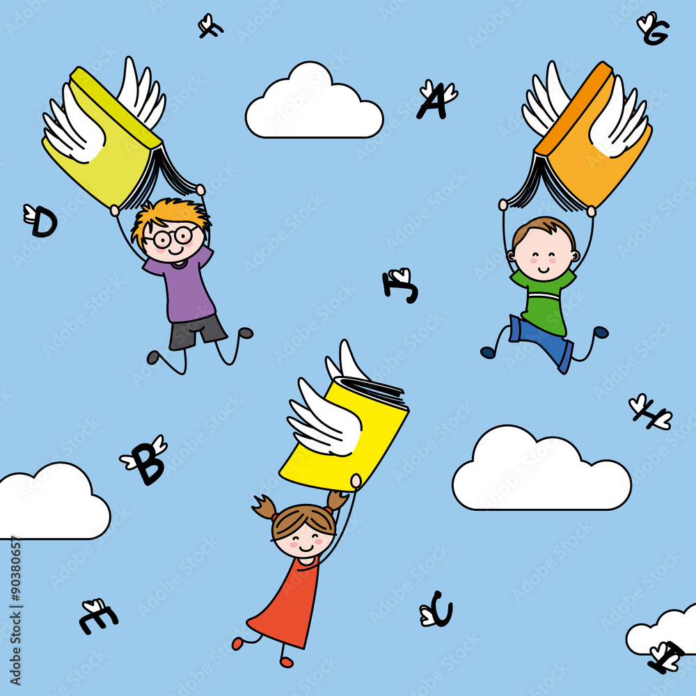 带翅膀的字母和书籍承载着孩子。插图想象和教育