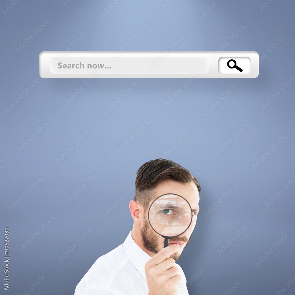 Composite image of geeky businessman looking through