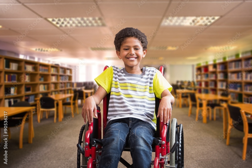 Composite image of cute disabled pupil smiling at camera in hall