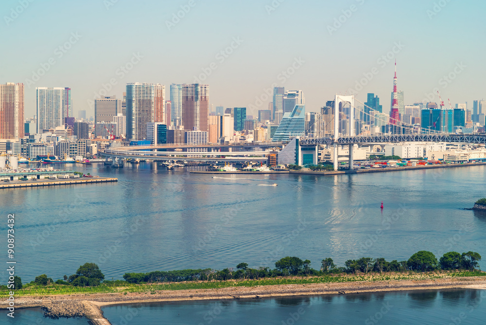 Tokyo Bay with a view of the Rainbow Bridge and the Tokyo skyline