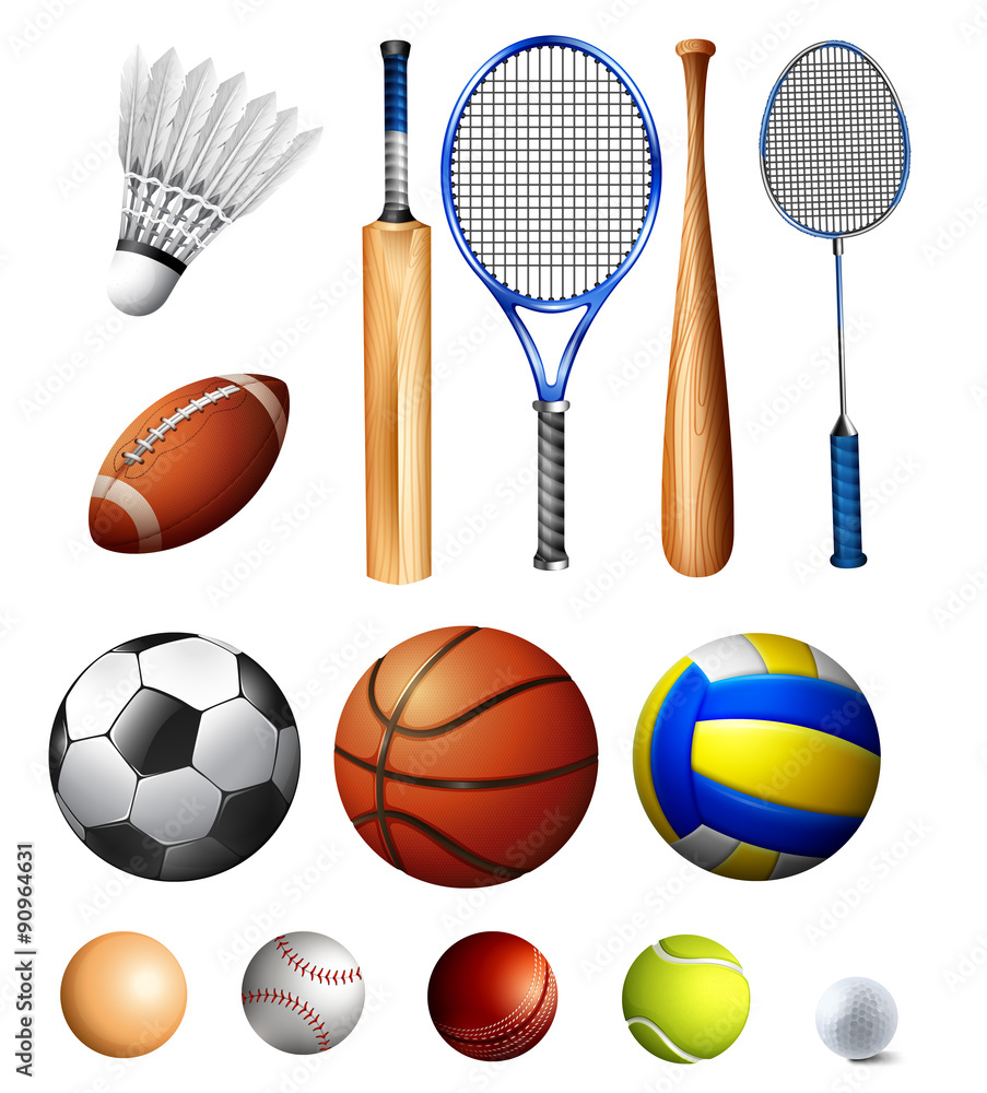 不同种类的球和球拍