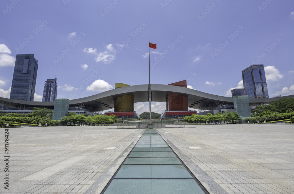 a landmark located in the square of Shenzhen with red and canary