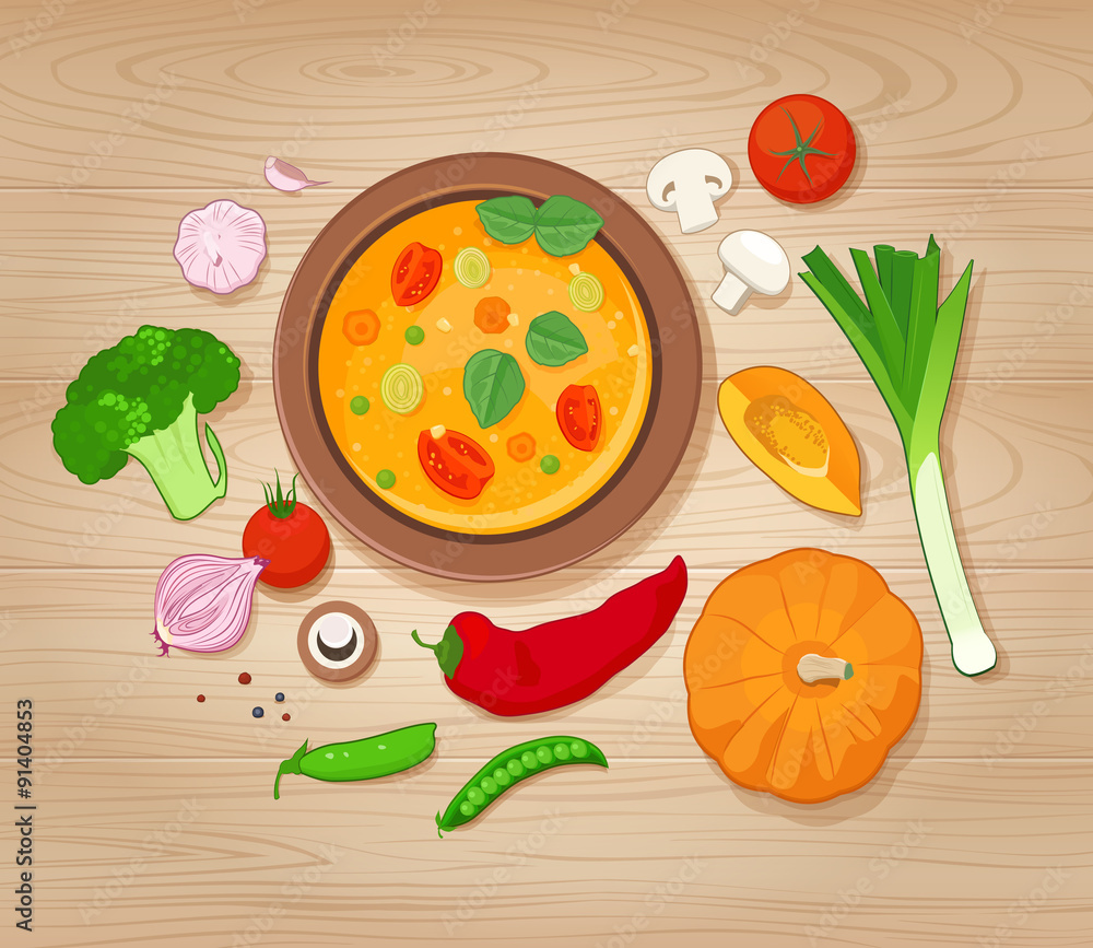 Vegetable Soup and Ingredients on Wooden Background