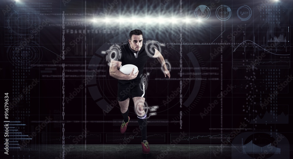 Composite image of rugby player running with the ball
