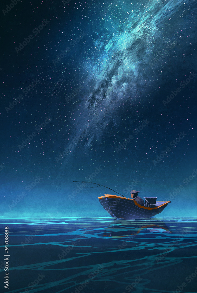 银河下夜晚船上的渔夫，插图画
