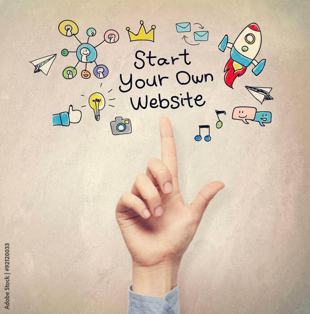 Hand pointing to Start Your Own Website concept