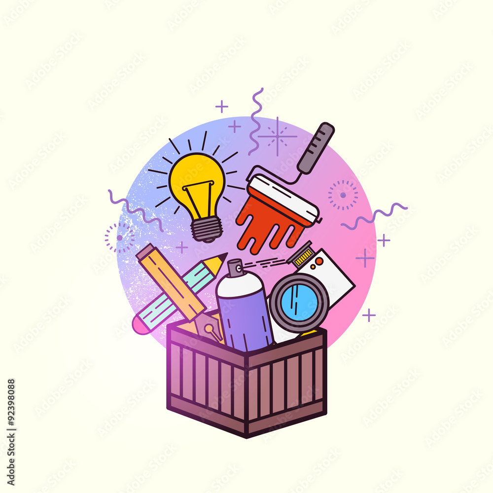 创意物品盒。一个装满设计和创意物品的工具箱。矢量插图。