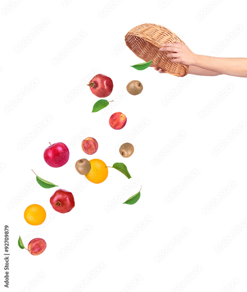 Fruit falling from basket isolated on a white background