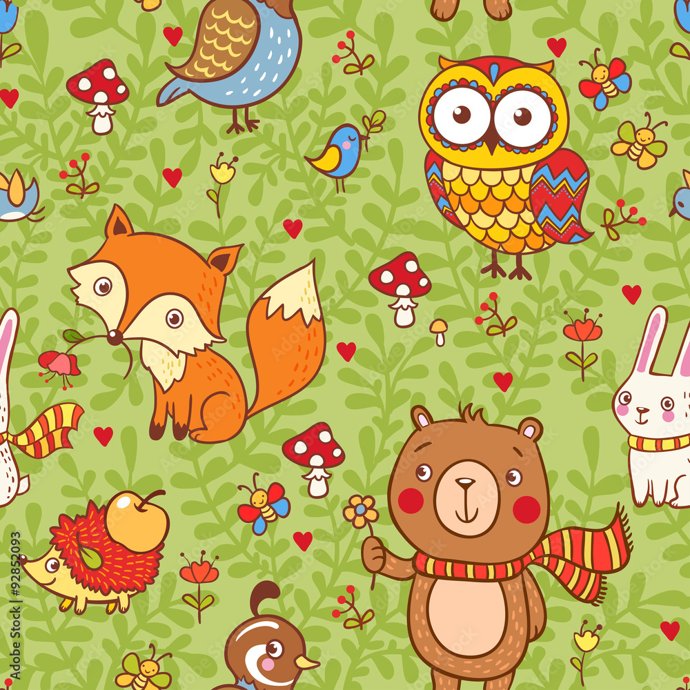 Cute seamless pattern with forest animals.