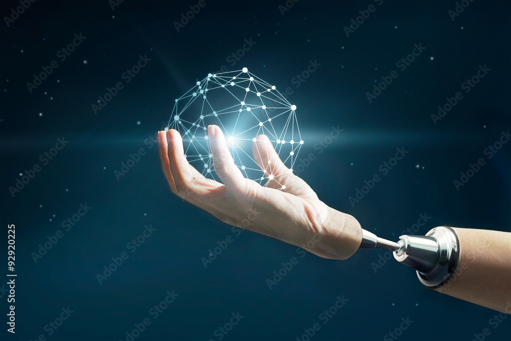 Abstract science, circle global business network connection in robot hand