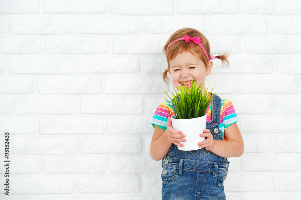happy child girl laughing and holding pot with potted plant near