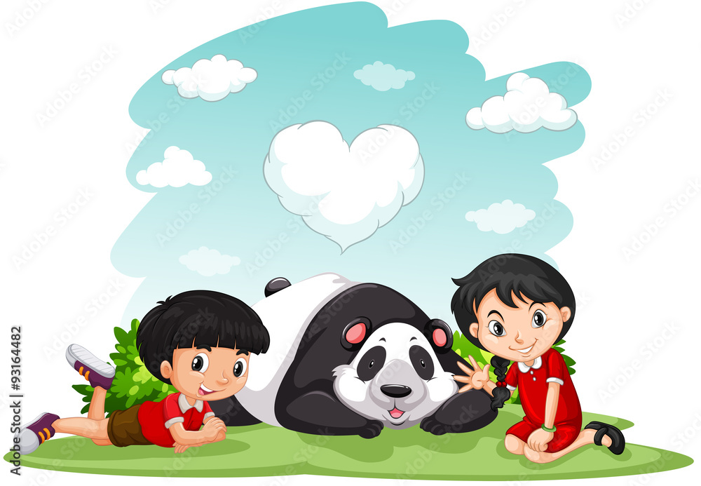 Asian boy and girl sitting with panda