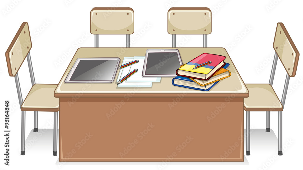 Chairs and table full of books