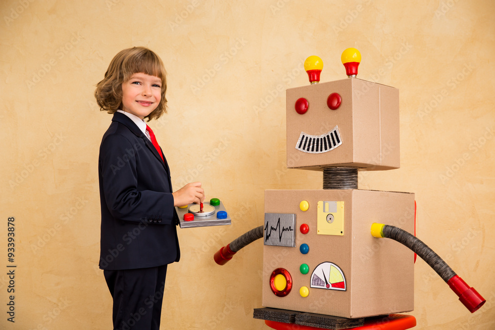 Young businessman with robot