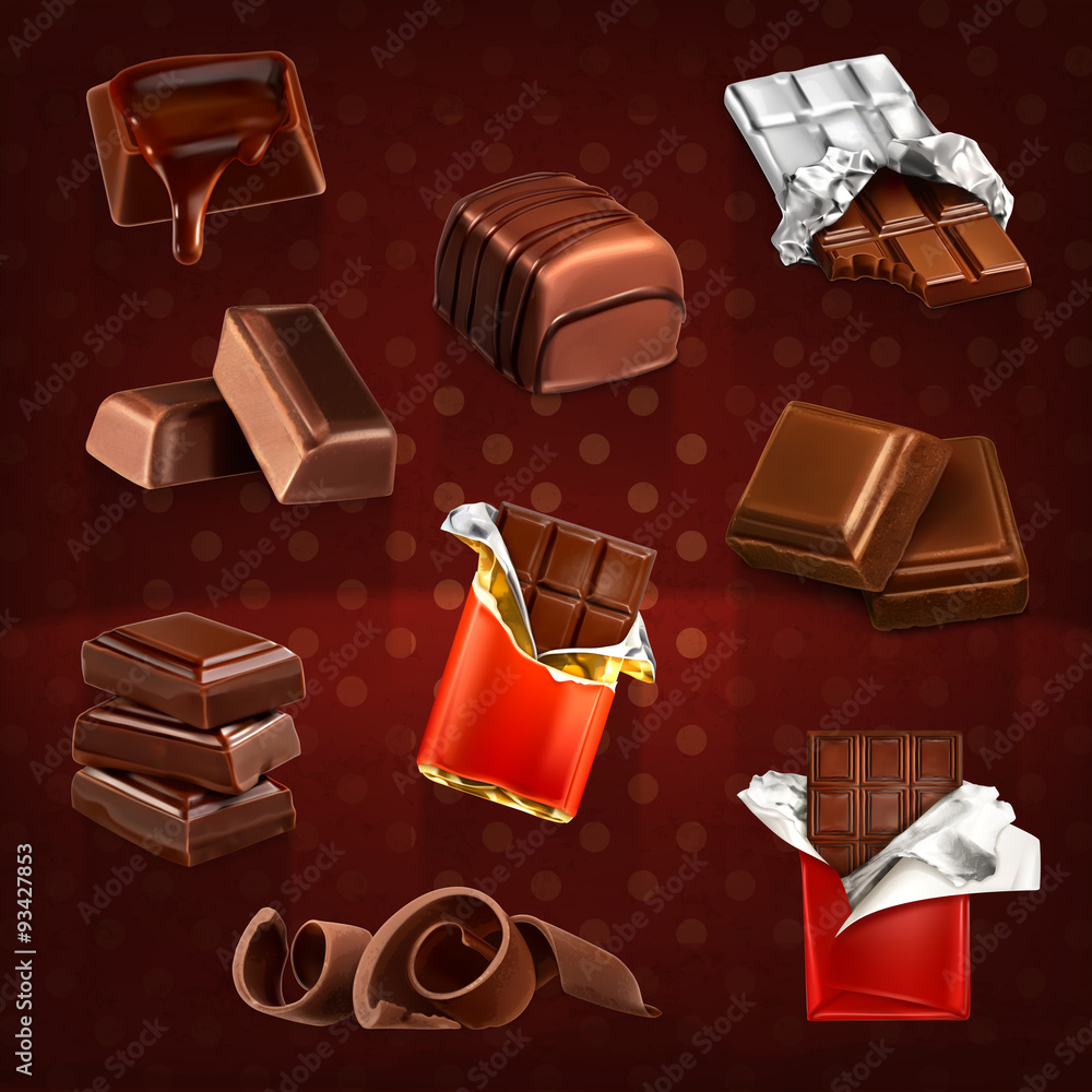 巧克力条和巧克力片，矢量设置为深色