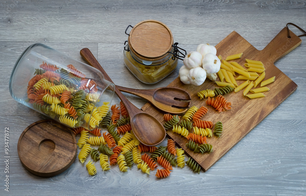 Ingredients for cooking macaroni  on a table