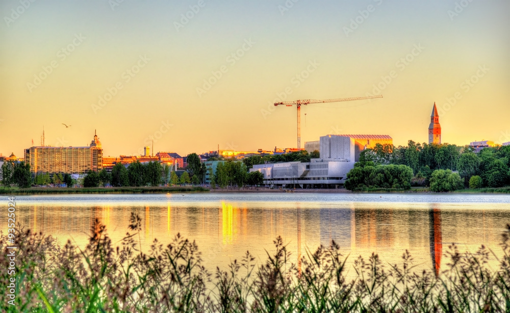 View of the city centre of Helsinki above lake Toolonlahti