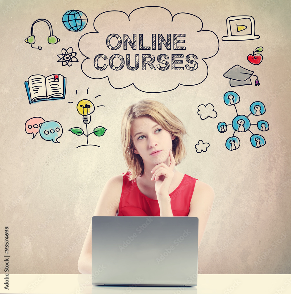 Online Courses  concept with young woman