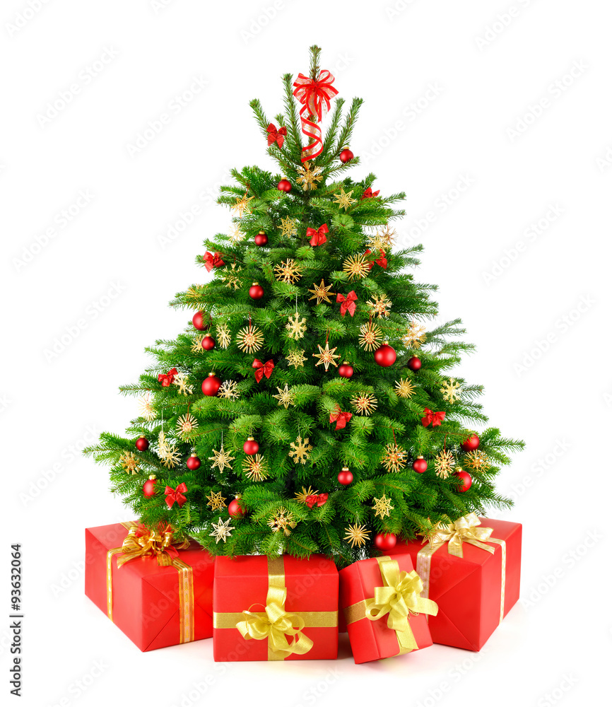 Weihnachtsbaum mit Strohsternen und Geschenken