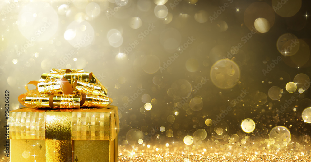 Christmas Present With Golden Sparkling Background

