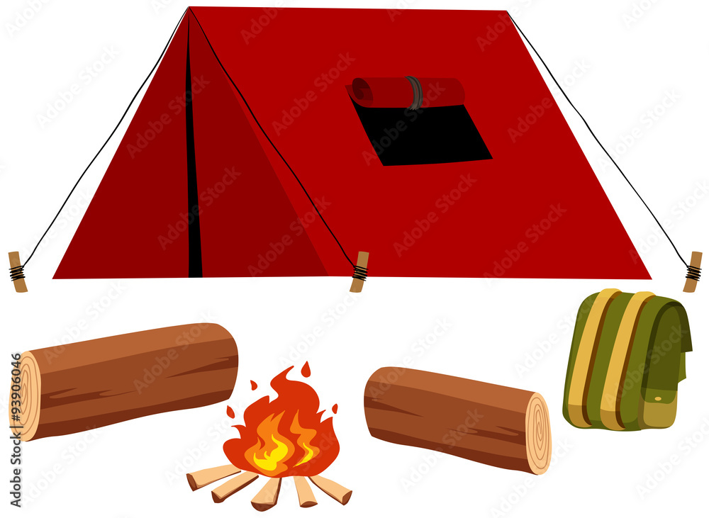 带帐篷和火的露营套装
