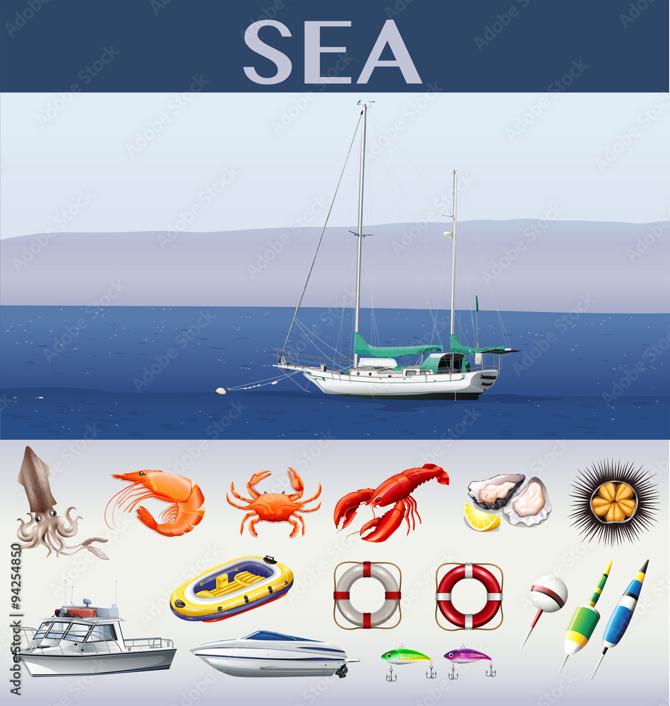 Ocean scene with ships and sea animals