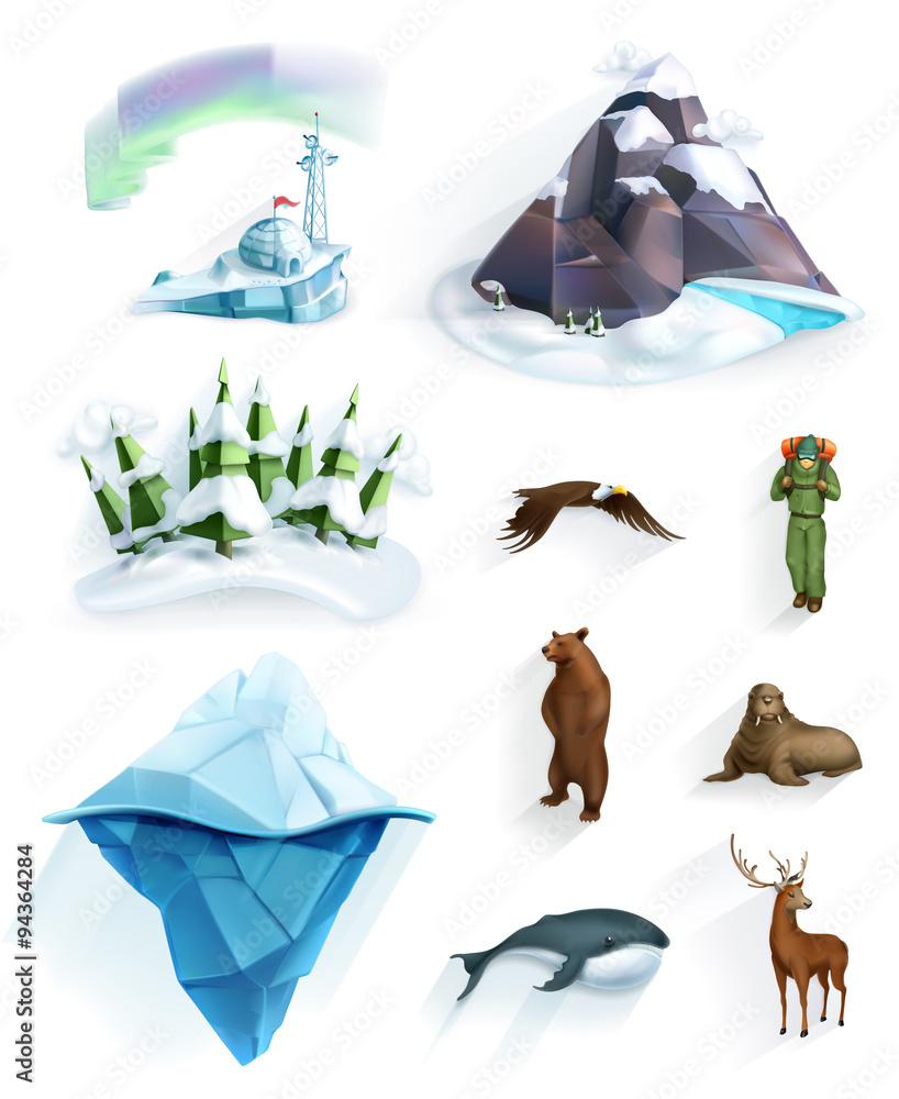 极地自然，冬季仙境，低保利风格图标集