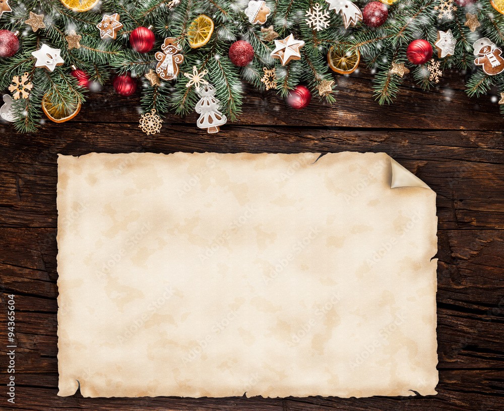 圣诞枞树装饰带空白卷轴