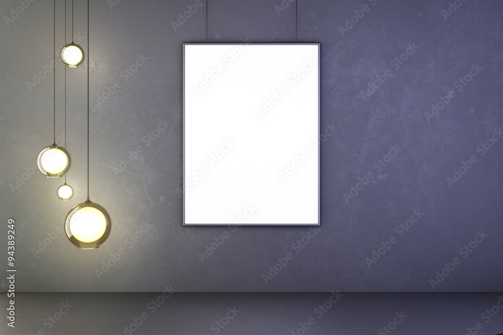 Blank picture frame with lightbulbs in the dark concrete room, m
