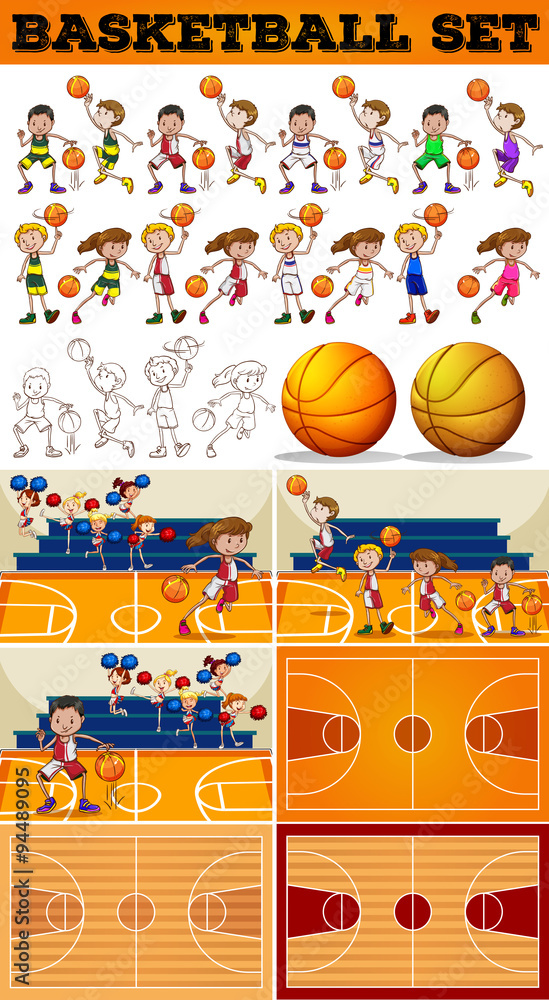 Basketball set with players and courts