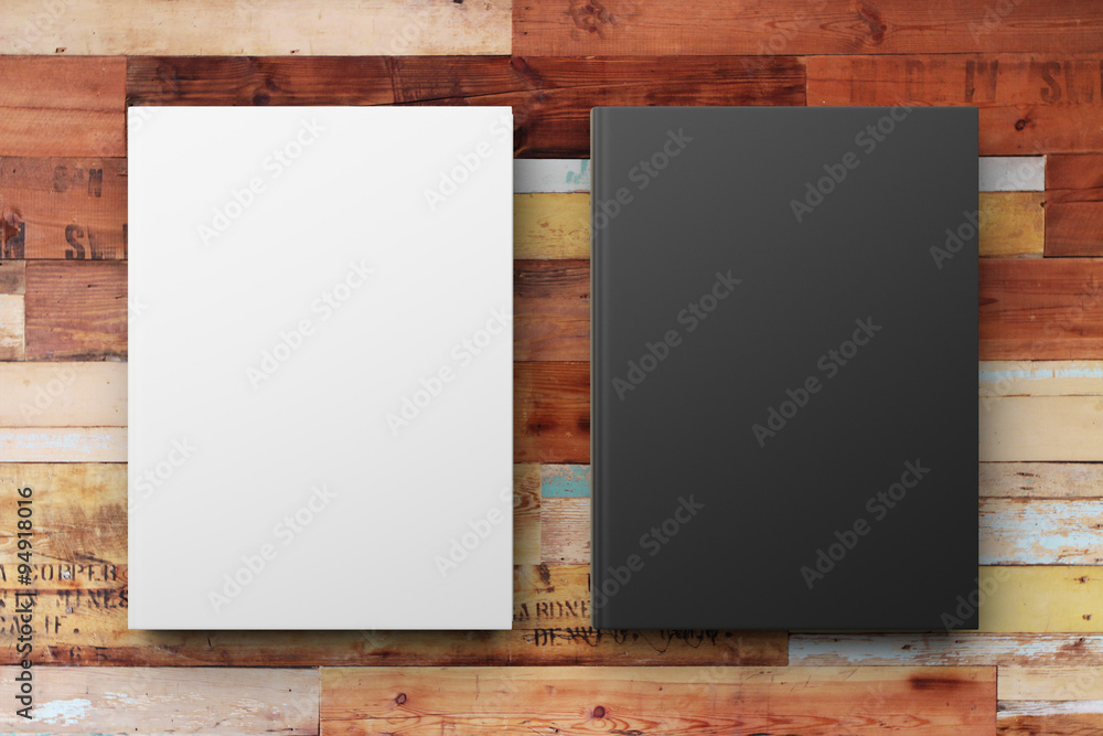 Blank white and black diary on the wooden table, mock up