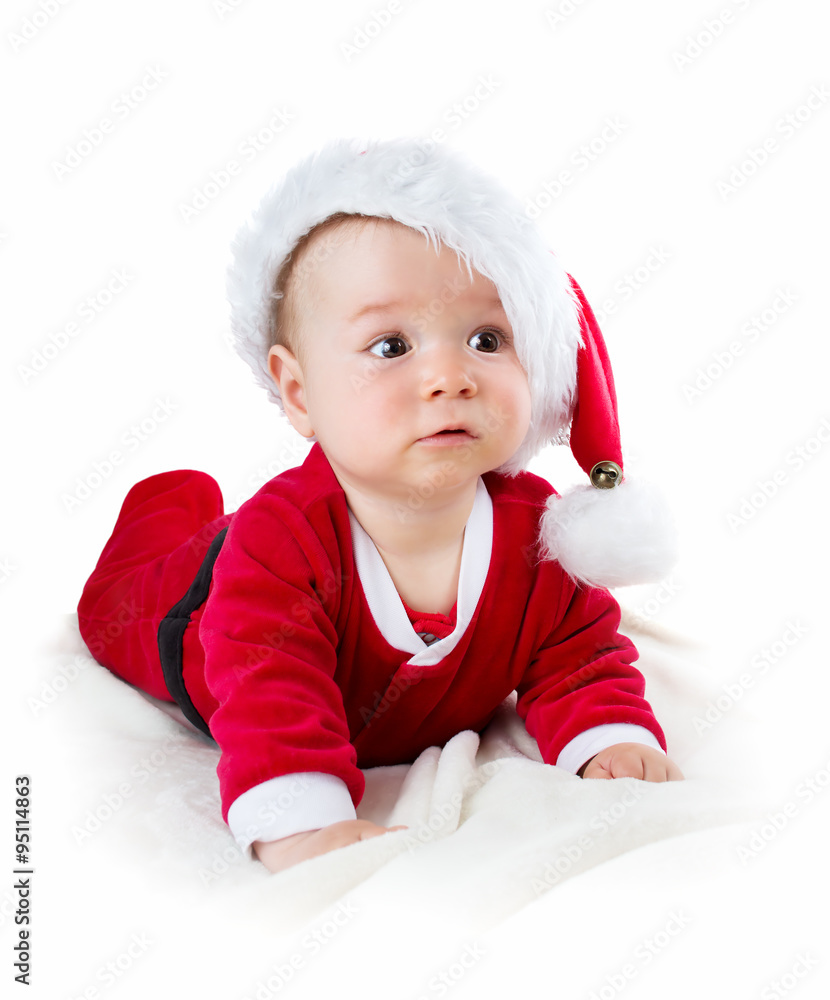 Baby isolated on white background in santa costume