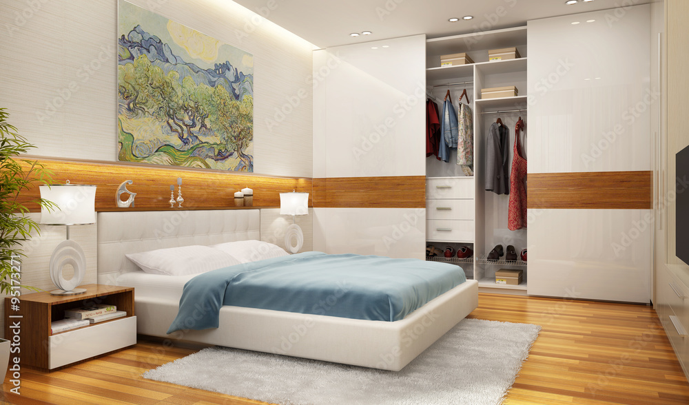 美丽的卧室和现代的衣柜