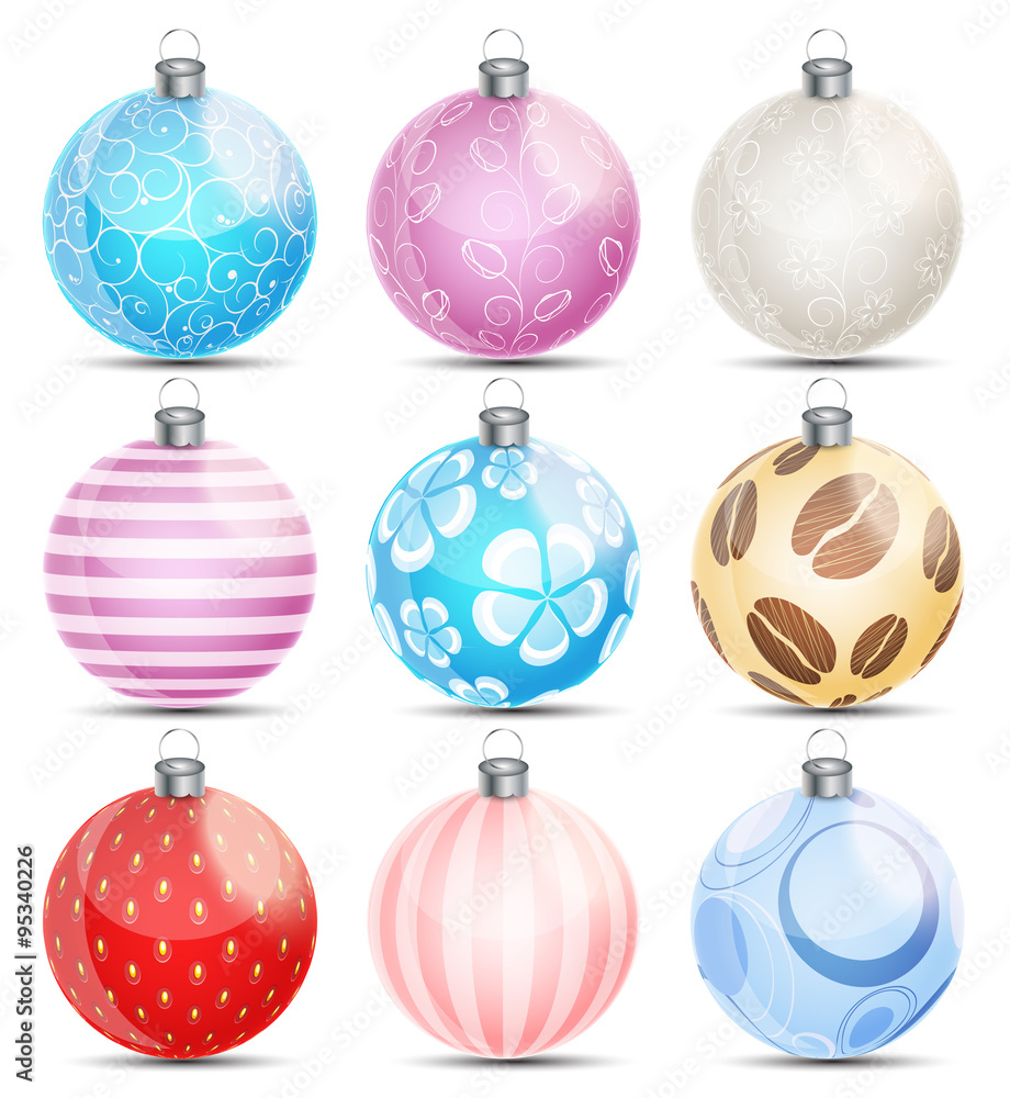 New Year and Christmas Balls Set Vector Illustration